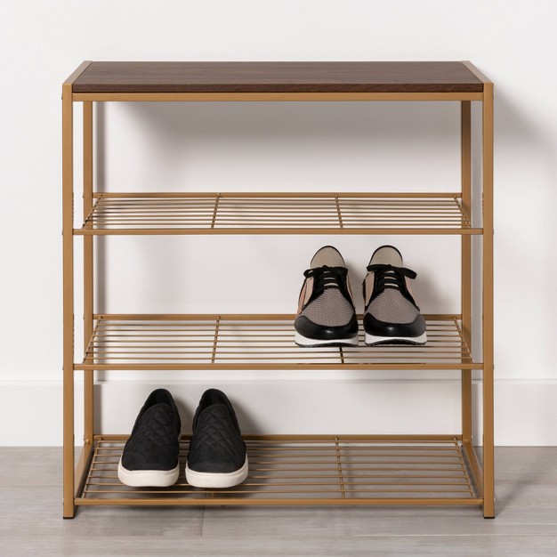 4 Tier Shoe Rack Brass With Walnut Wood