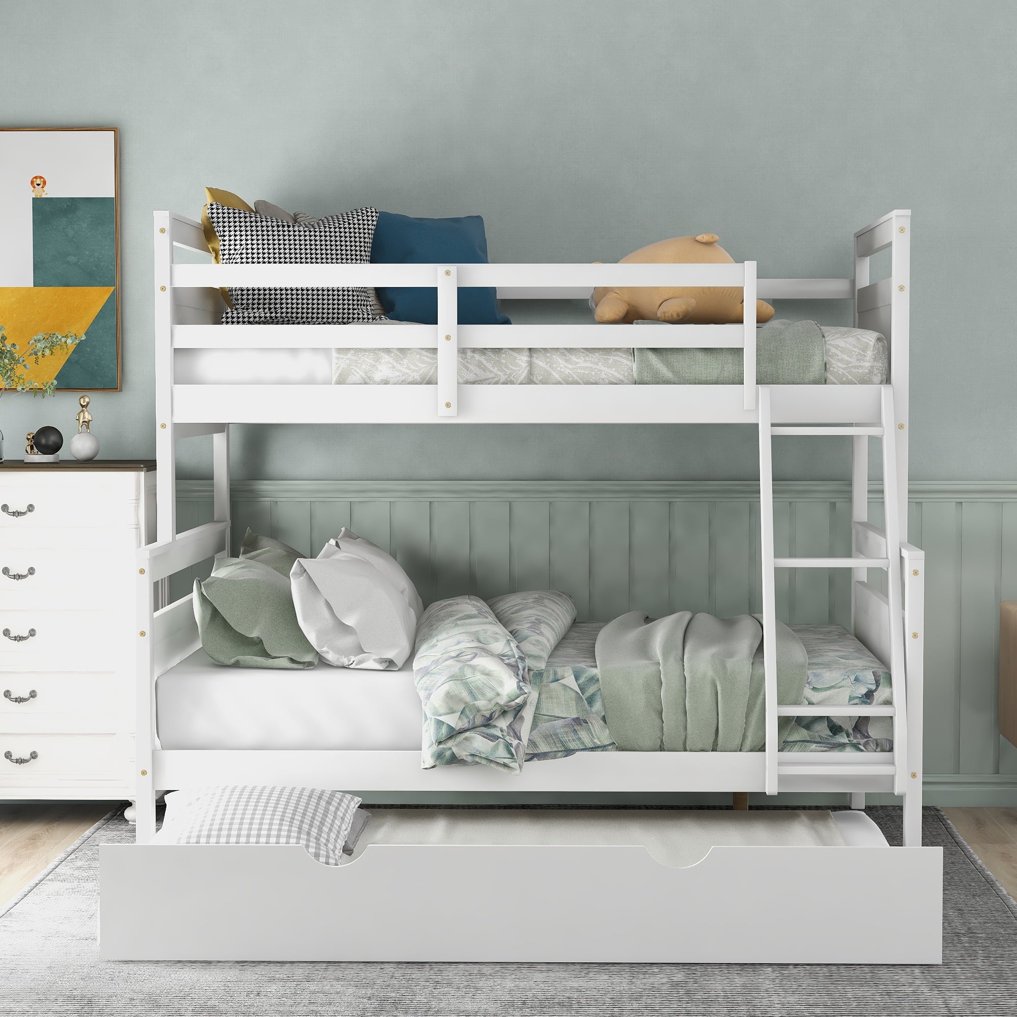 Euroco Wood Twin over Full Bunk Bed with Trundle for Kids & Adults for Bedrooms, White