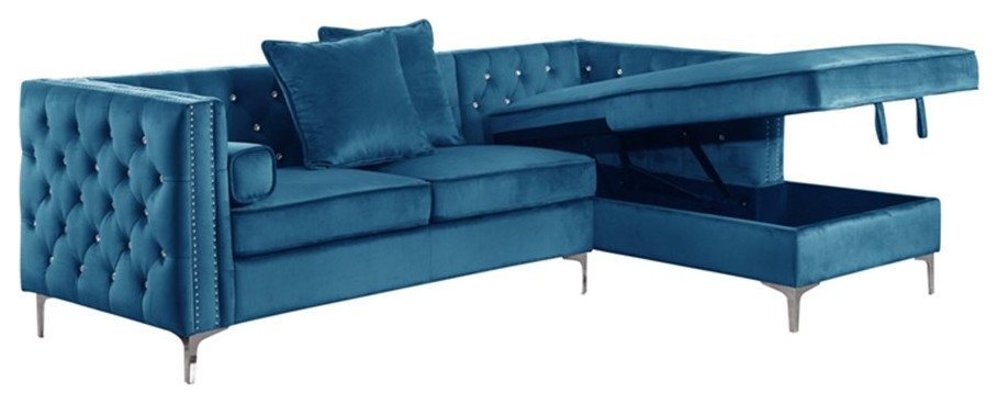 Teal Blue Velvet Upholstered Sectional with Storage and Faux Crystal Tufts   Midcentury   Sectional Sofas   by Homesquare  Houzz