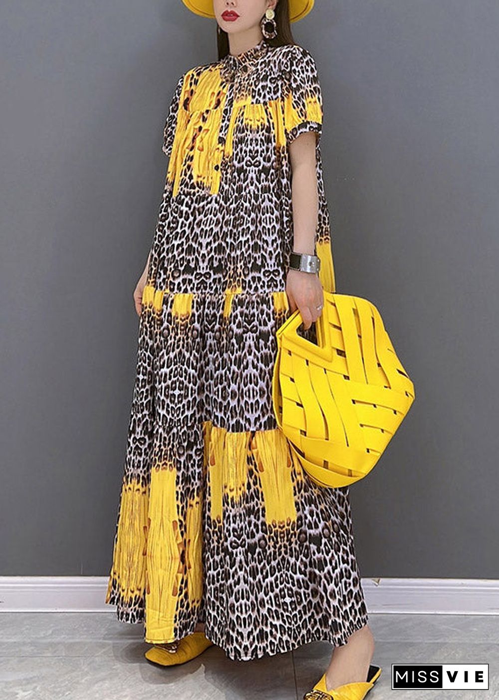 Yellow Print Patchwork Long Dress Short Sleeve