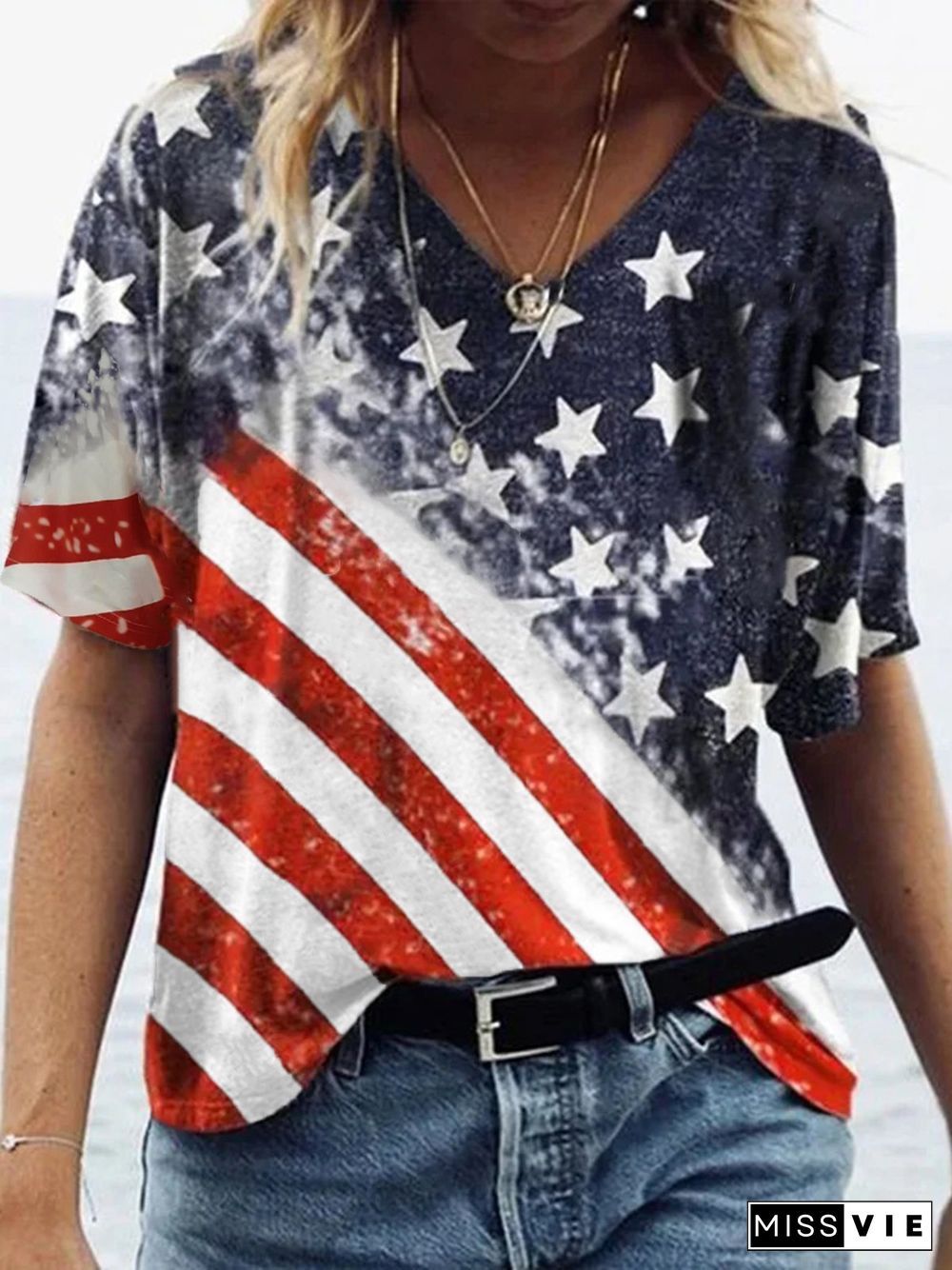 Flag V Neck Casual Short Sleeve Loosen T-Shirt