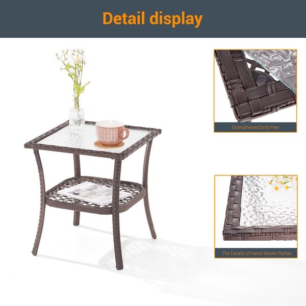 LIVOOSUN Patio Water Rippled Glass Side Table Rattan Coffee Table