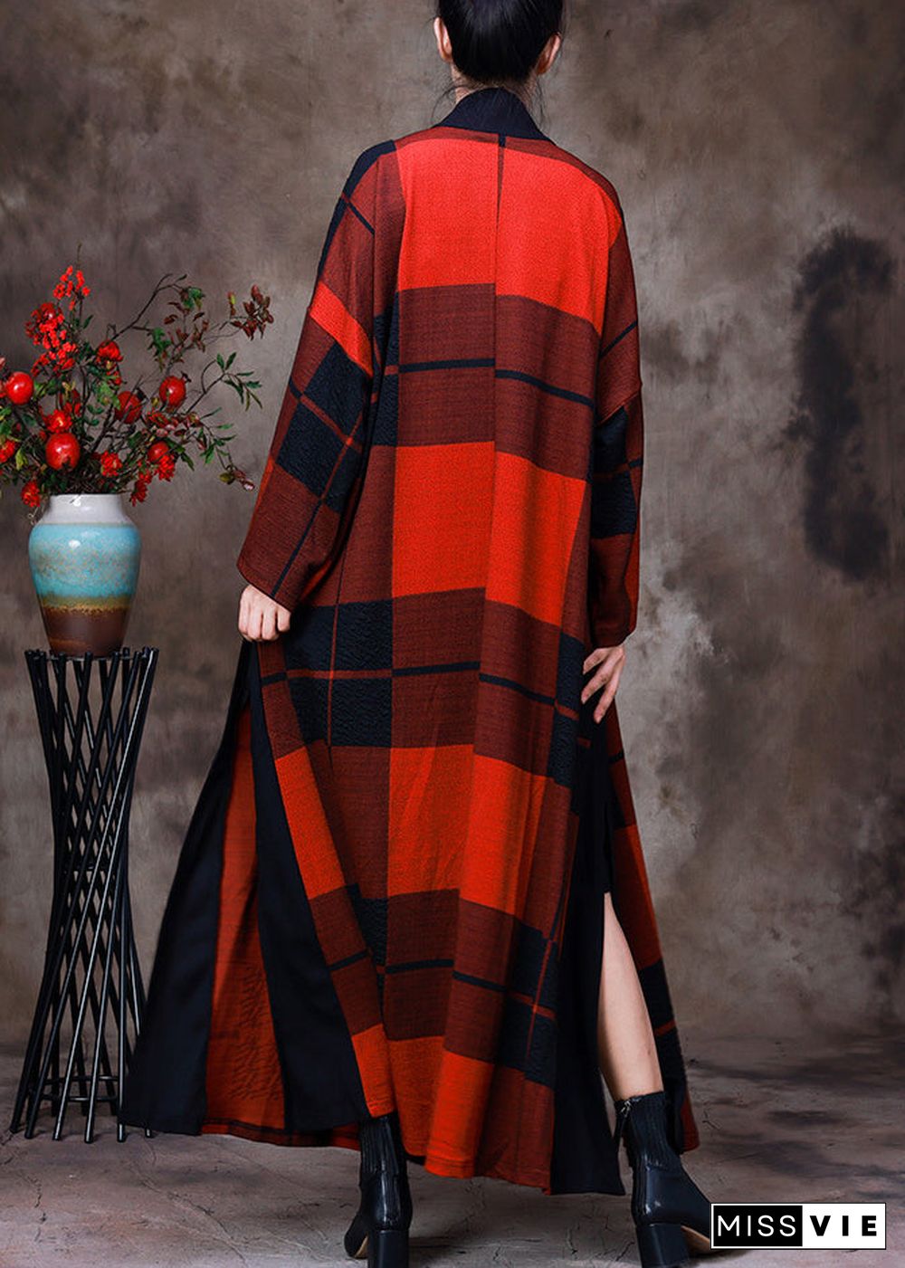 Red Side Open Plaid Coats Long Sleeve