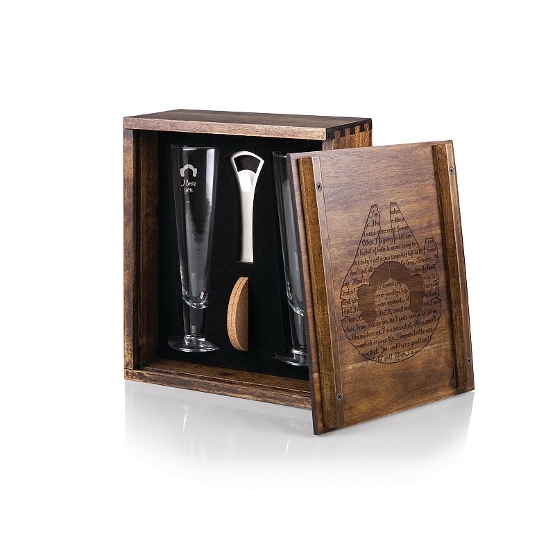 Star Wars Han and Leia Beverage Glass Gift Set with Acacia Wood Storage Case by Legacy