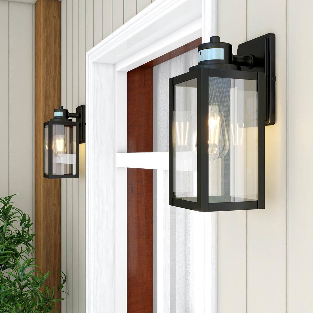 Uixe 12 in. 1-Light Matte Black Motion Sensing Dusk to Dawn Outdoor Wall Lantern Sconce Sensor SSL-12121-MS