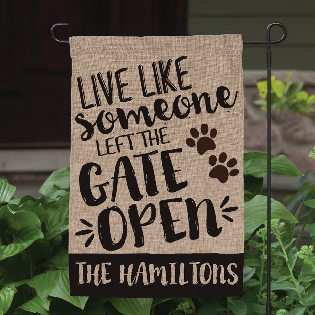 Custom Personalization Solutions Live Like Someone Left The Gate Open Personalized Dog Burlap Flag