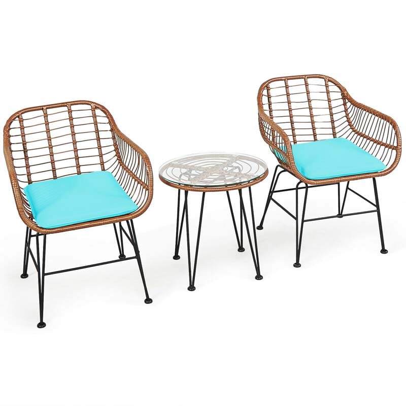 3 Pcs Patio Conversation Bistro Set Outdoor Rattan Furniture Set with Round Table & 2 Rattan Cushioned Armchairs