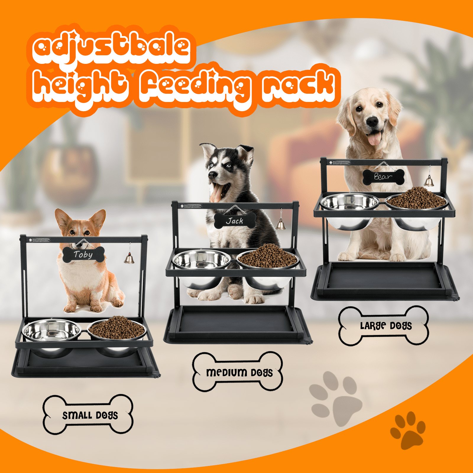 Elevated Dog Bowls,Raised Dog Bowls Stand Adjusable Height with 2 Stainless Steel Dog Food Bowls and Spill Proof Mat, Dog Bowls for Large Medium Dogs and Cats.