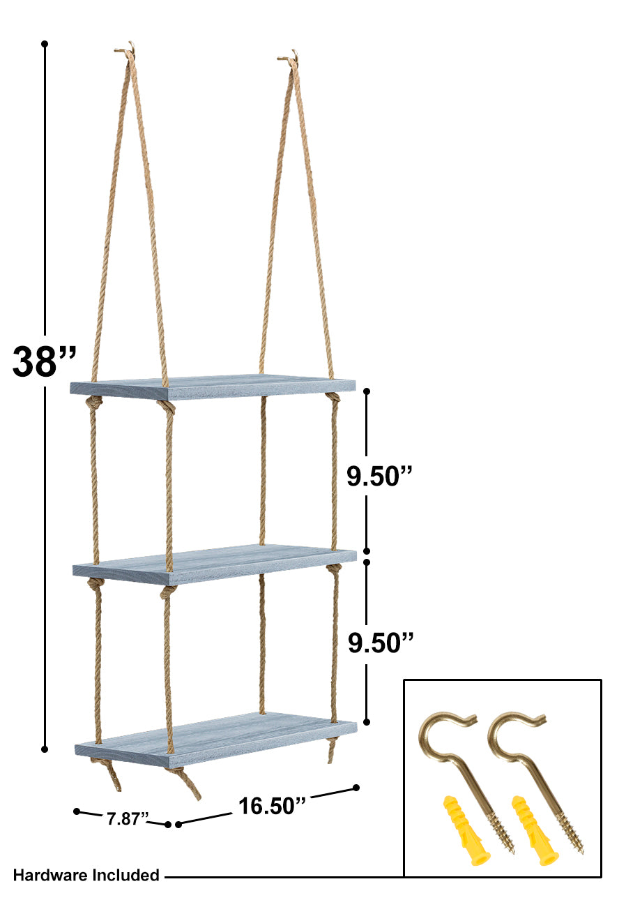 Sorbus 3 Hanging Floating Shelves - Rustic Wood Rope Floating Shelf Set - Grey