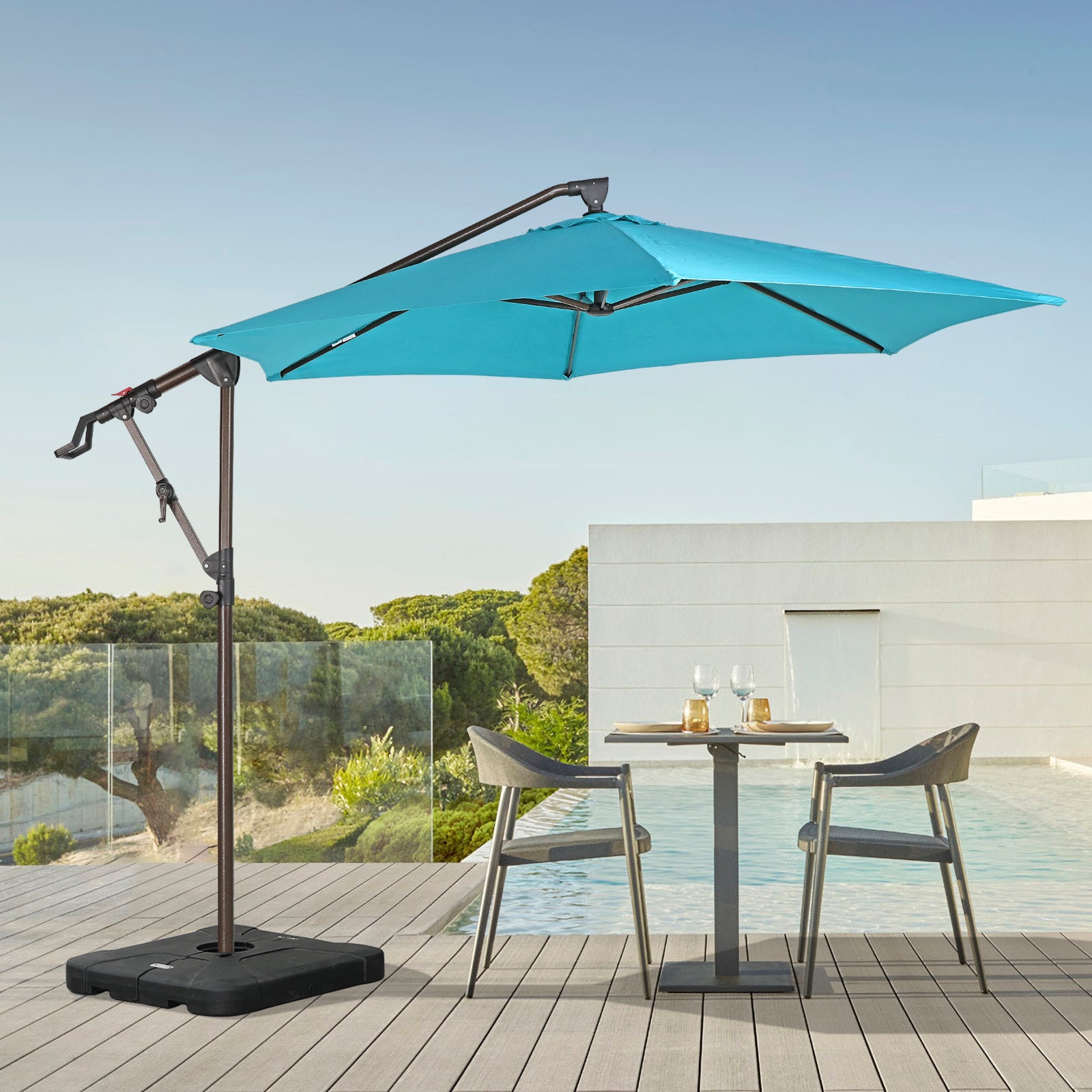 COBANA 9.4ft Offset Patio Umbrella with Base Included, Hanging Outdoor Umbrella with Water Sand Filled Umbrella Stand Weights, Blue