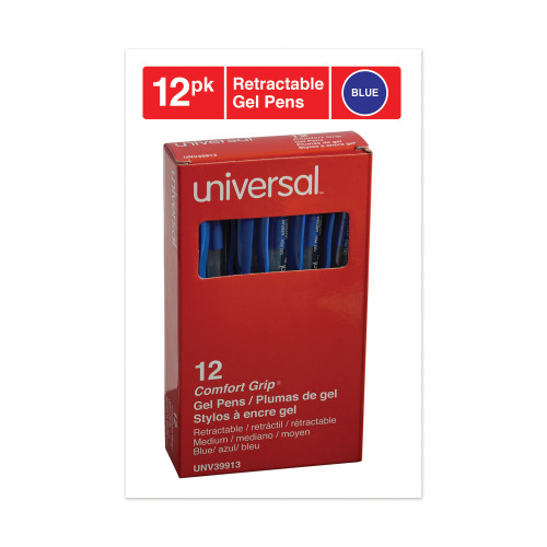 Universal Comfort Grip Retractable Gel Pen， 0.7mm， Blue Ink， Translucent Blue Barrel， Dozen (39913)