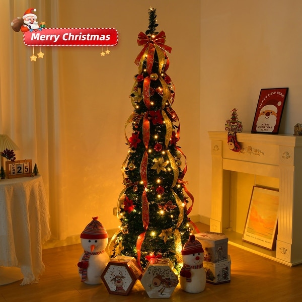 6 ft. Fully Decorated PreLit Pop Up Artificial Christmas Tree with 150 LED Lights and Red/Golden Ornaments