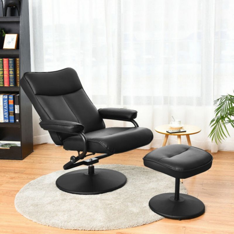 PVC Leather Recliner Chair Lounge Armchair Swivel With Ottoman - Black