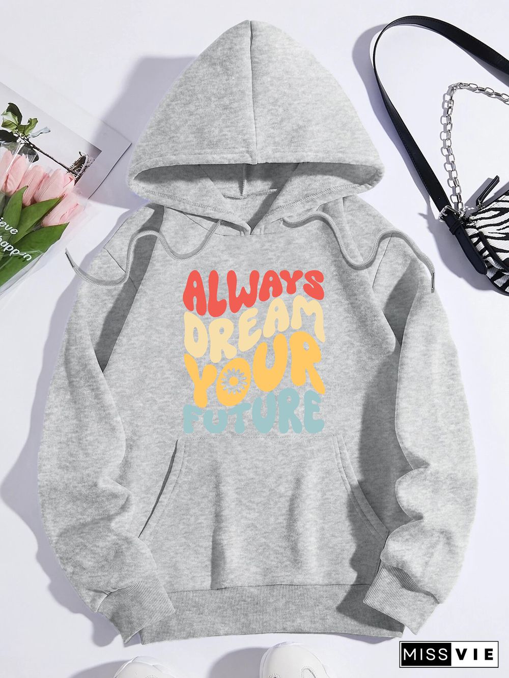 Printed on front Kangaroo Pocket Hoodie Long Sleeve for Women Pattern always dream your future