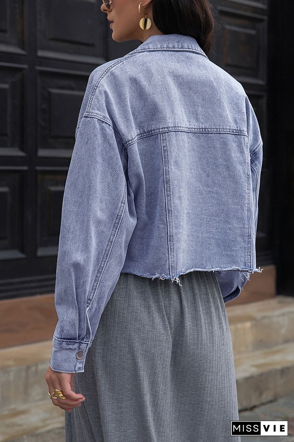 Blue Lapel Collar Raw Hem Button Open Denim Jackets