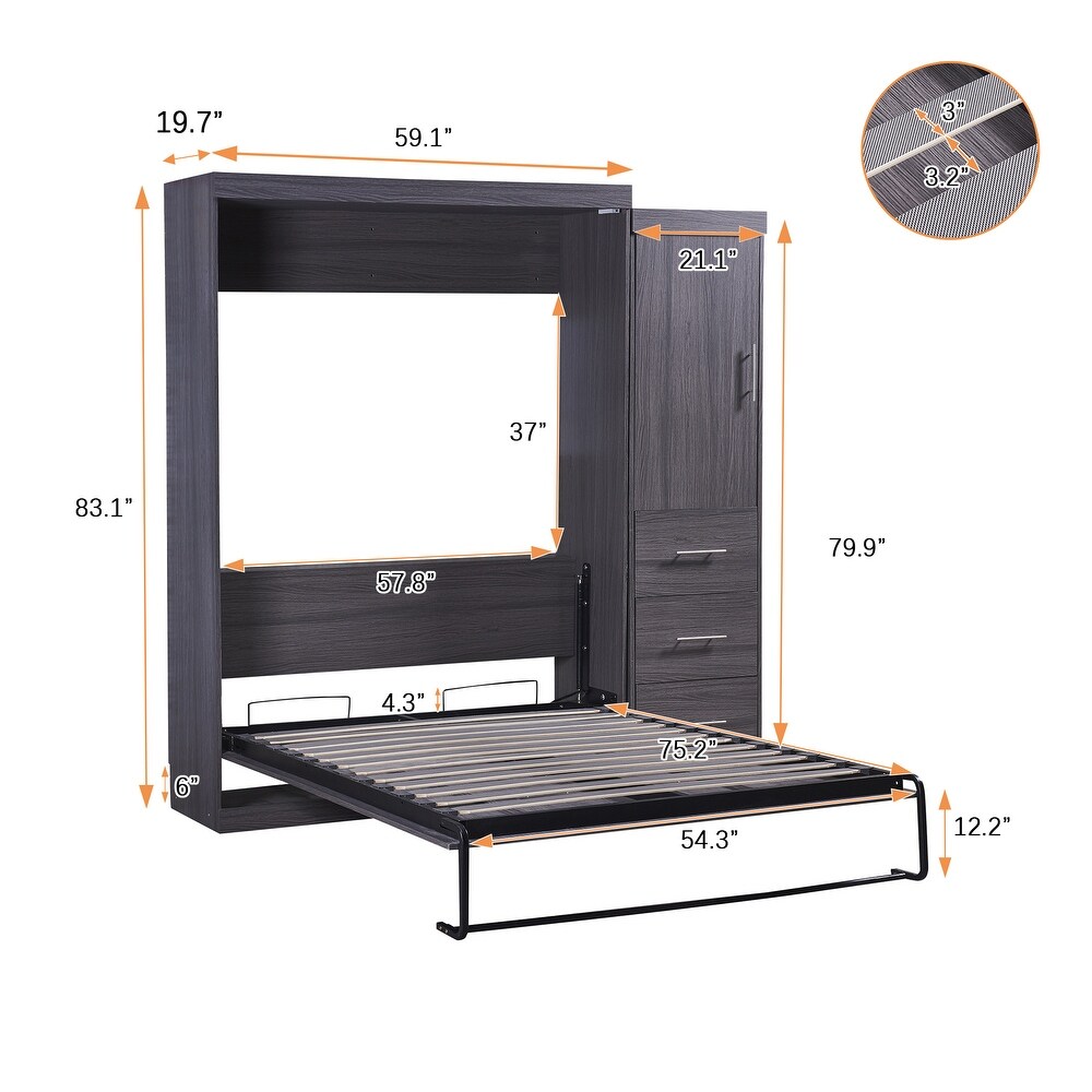 Murphy Bed with Wardrobe and 3 Storage Drawers  Pine Wood Multifunctional Storage Wall Bed  Can be Folded into A Cabinet