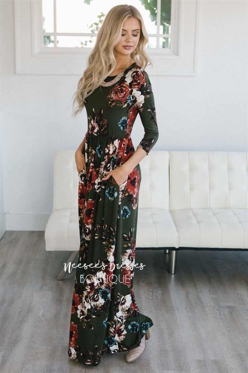 Olive Watercolor Floral Maxi Dress