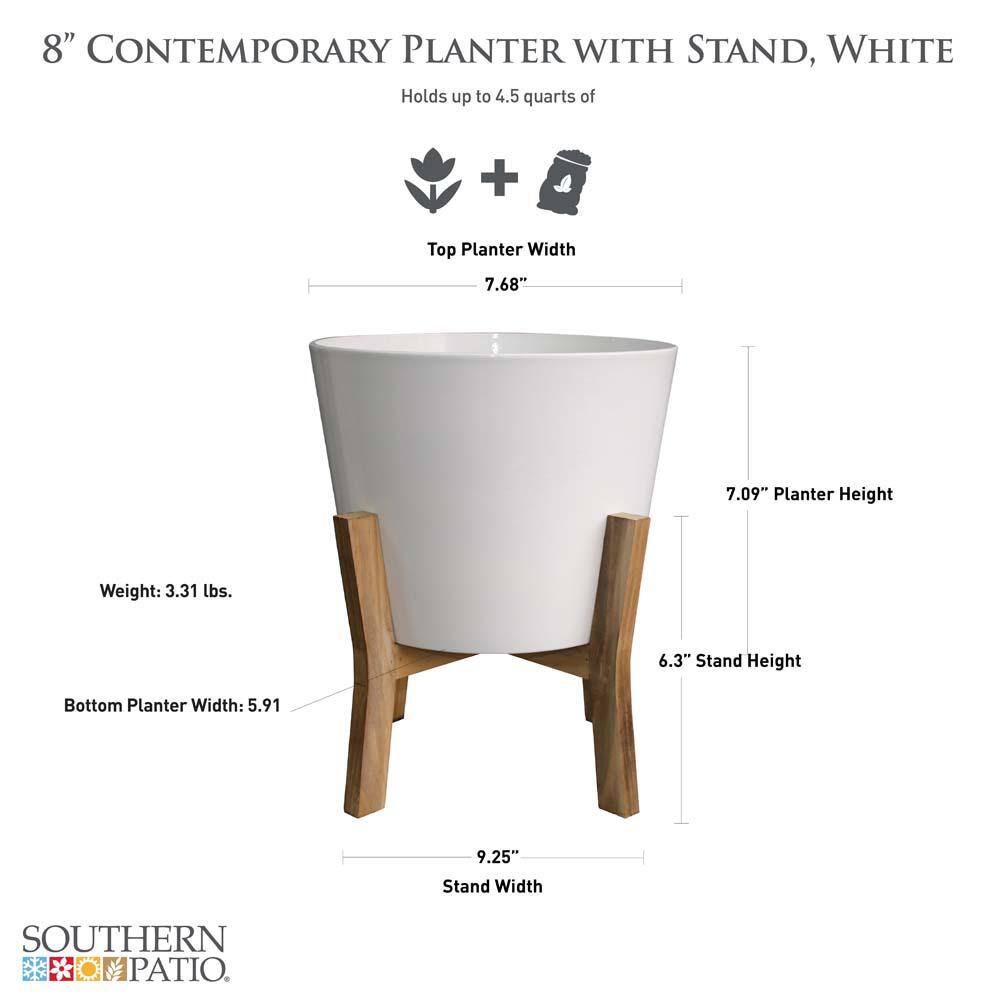 Southern Patio Contemporary Medium 8 in. x 11.02 in. 5 qt. White Ceramic Indoor Planter With Wood Stand CRM-049388