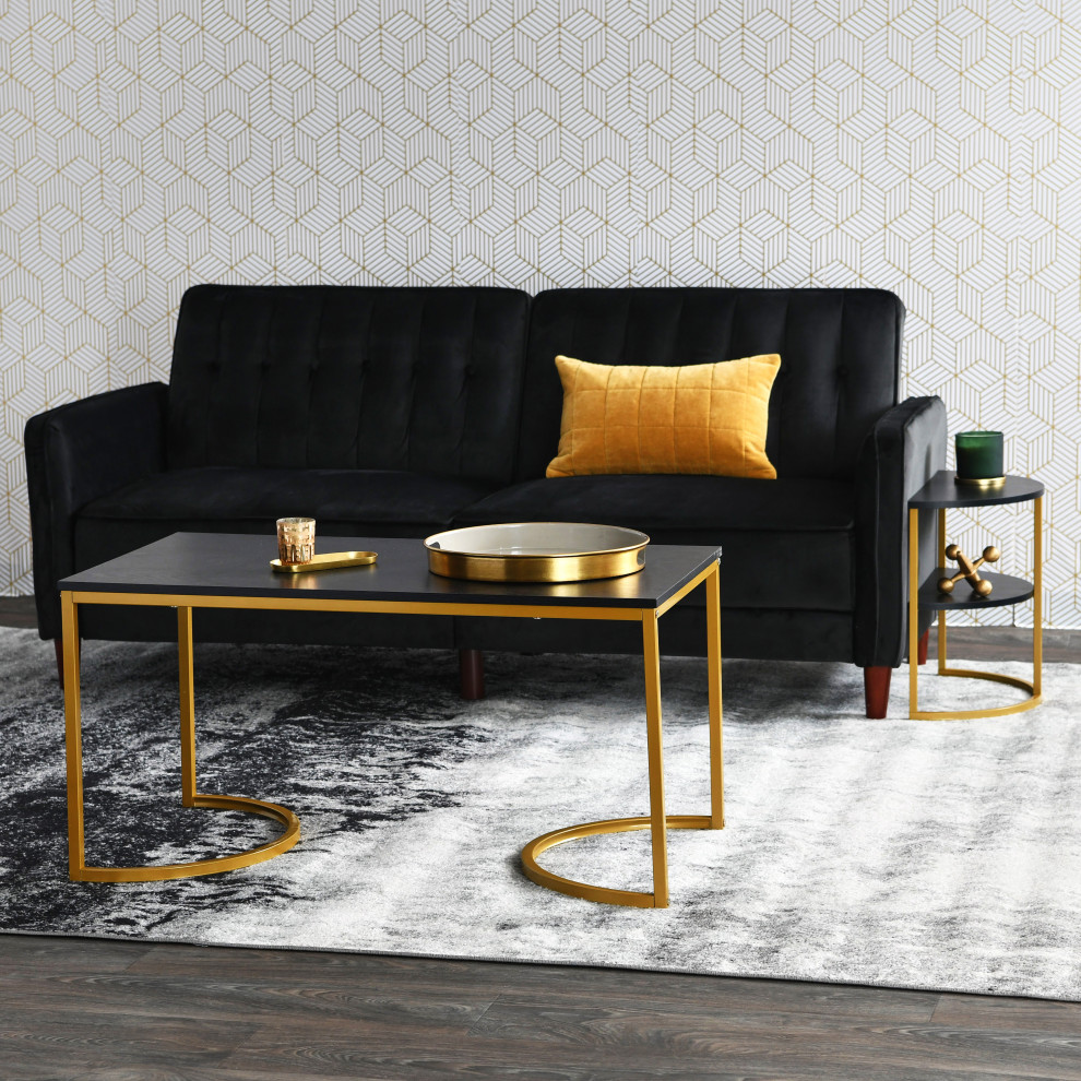 Half Moon Rectangular Coffee Table Black Oak Wood Grain and Gold Metal   Contemporary   Coffee Tables   by Household Essentials  Houzz