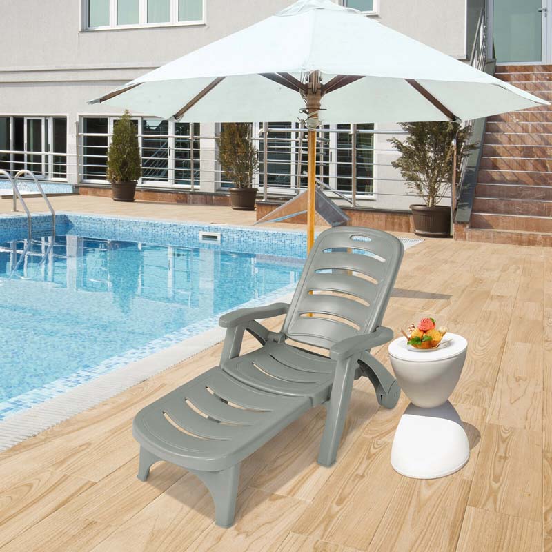 Rolling Folding Plastic Pool Lounge Chair with Armrests, 5-Position Outdoor Sun Lounger Patio Deck Chair Beach Chair