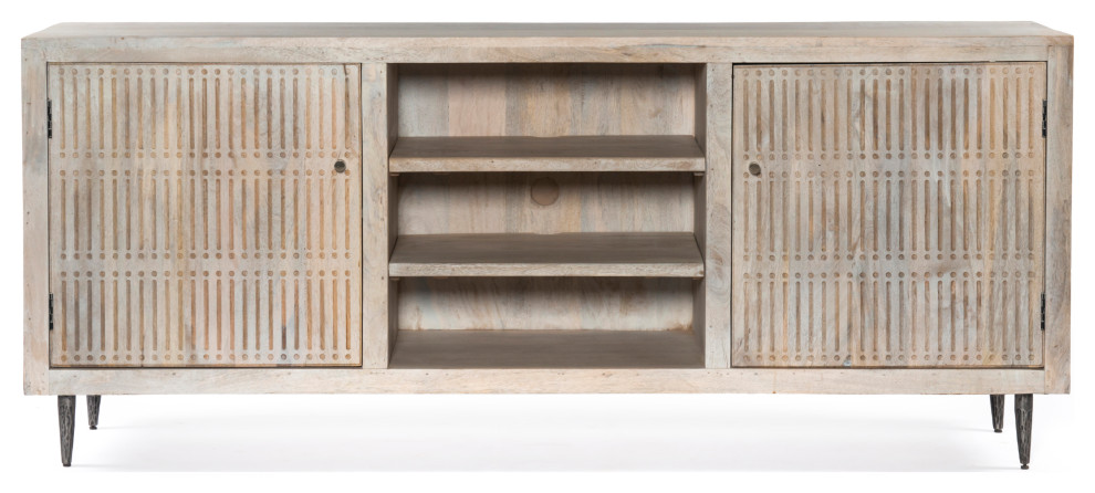 Sarah 2 Door Media Cabinet With Brushed Ivory Finish on Forged Iron Base   Midcentury   Entertainment Centers And Tv Stands   by Moti  Houzz