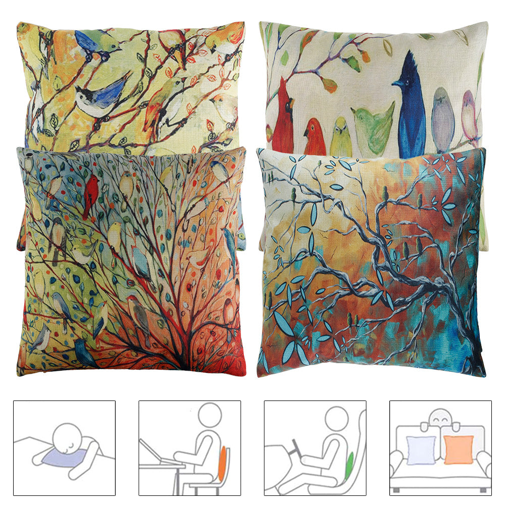 Fyeme 4 Pack Birds Throw Pillow Covers Spring Bird Paintings Pillow Case, Birds Stand on the Tree Branches Decorative Cushion Cases Home Decor for Couch Bed Sofa