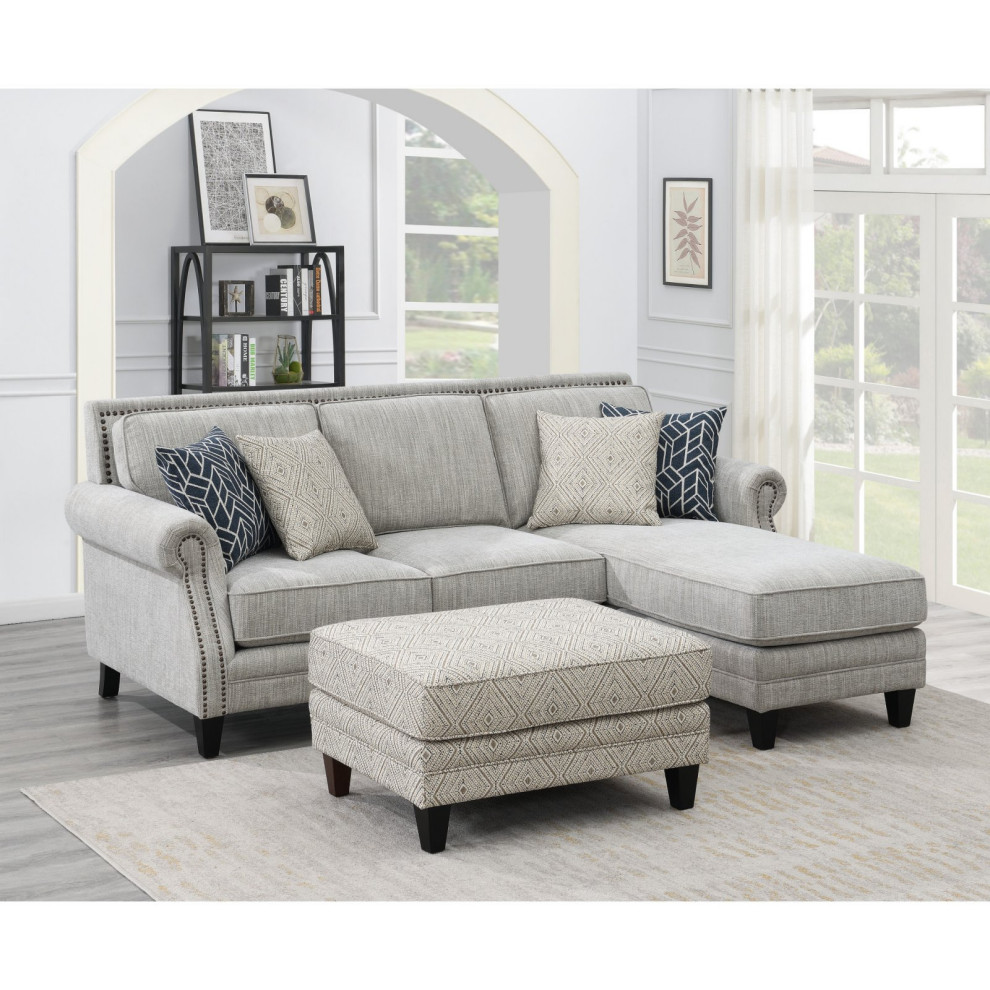 Modern Sectional Sofa  Cushioned Polyester Seat With Nailhead Trim  Malted Milk   Transitional   Sectional Sofas   by Declusia  Houzz