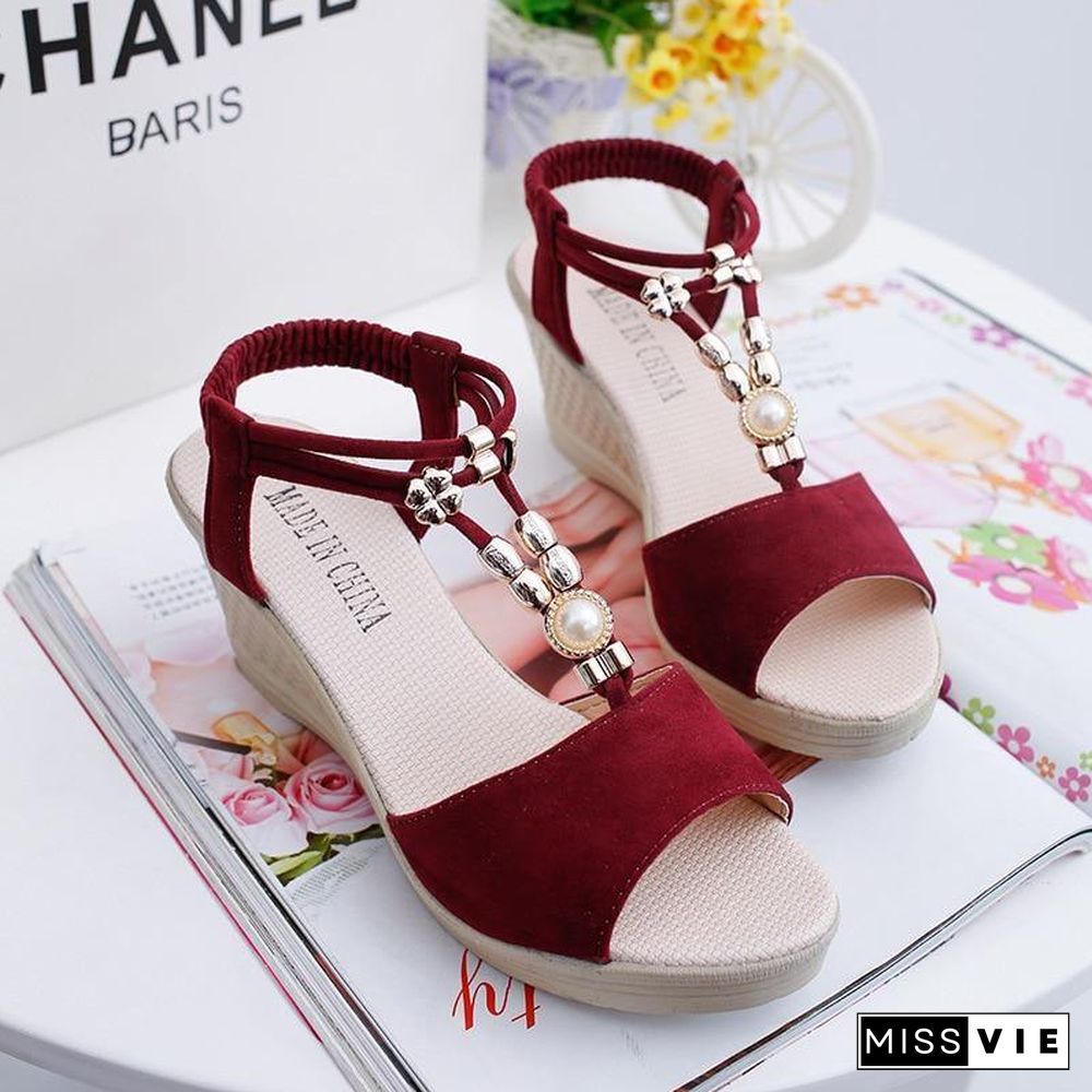 Women Wedges Sandals Summer Platform Shoes Woman Open Toe Slip On Sandal String Bead Female Fashion High Heels Casual Shoes