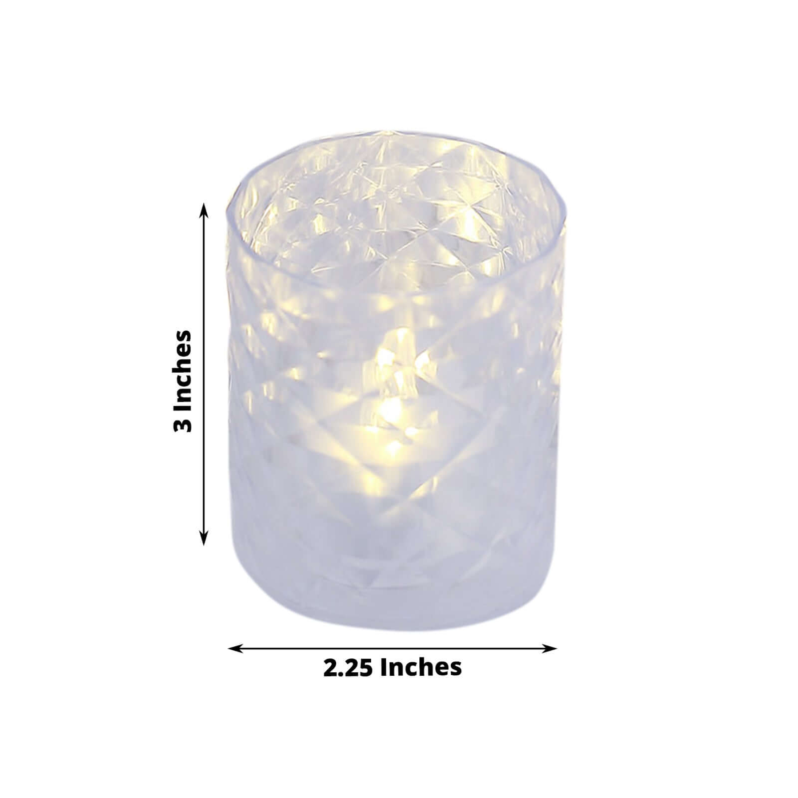 12 Pack Clear Acrylic Diamond LED Tealight Candle Holder Sets, Warm White Battery Operated Whiskey Glass Votive Candle Lamps 3