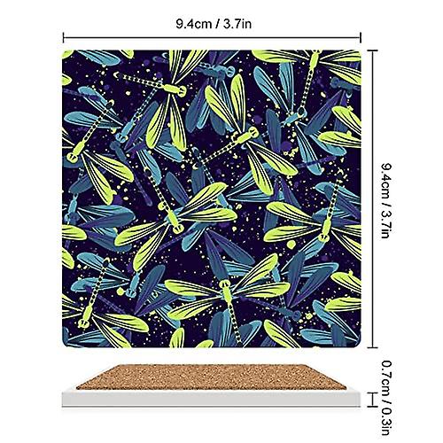 Colourlife Square Drink Coasters 1 Pcs Creative Dragonflies Pattern Absorbent Ceramic Coffee Coasters For Drinks With Cork Base Housewarming Gift For