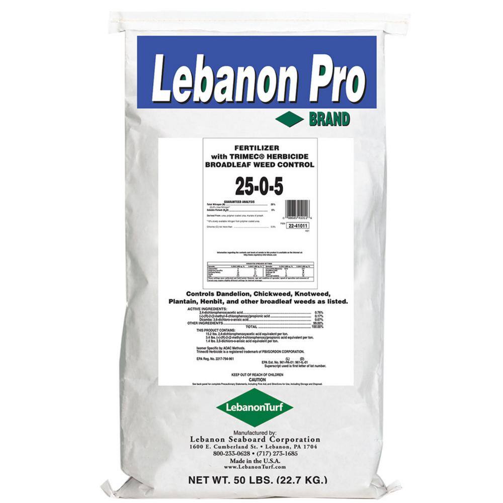 Lebanon Pro 50 lbs. Fertilizer with Trimec Herbicide Broadleaf Control 25-0-5 (45-Bags693000 sq. ft.Pallet) 2242229