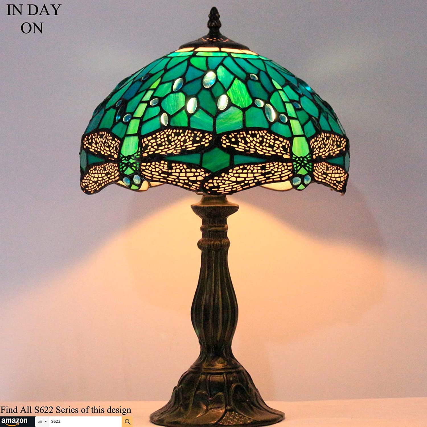 Tiffany Lamp Green Blue Stained Glass Dragonfly Style Bedside Table Lamp Desk Reading Light 12X12X18 Inches Decor Bedroom Living Room Home Office S622 Series