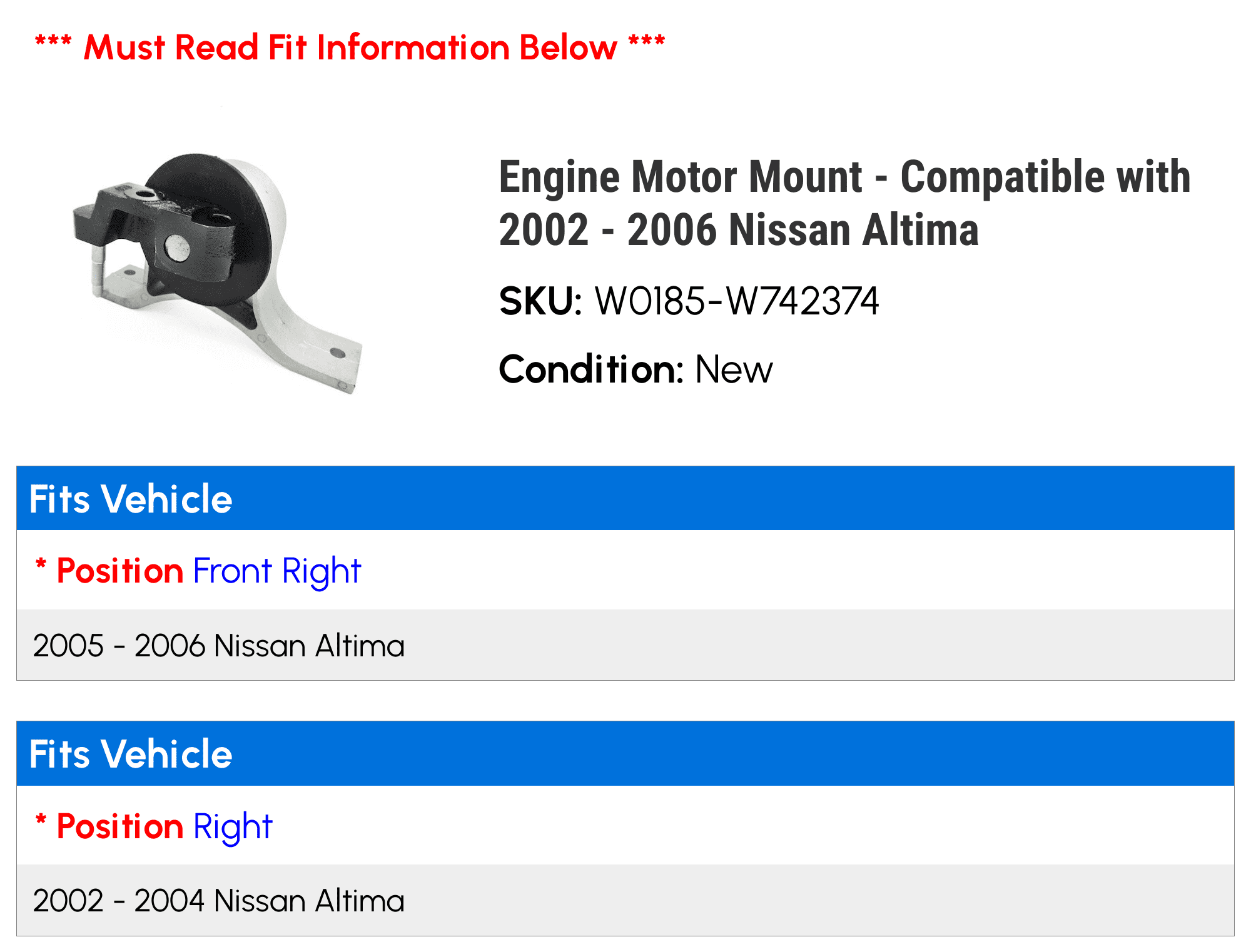 Engine Motor Mount - Compatible with 2002 - 2006 Nissan Altima 2003 2004 2005