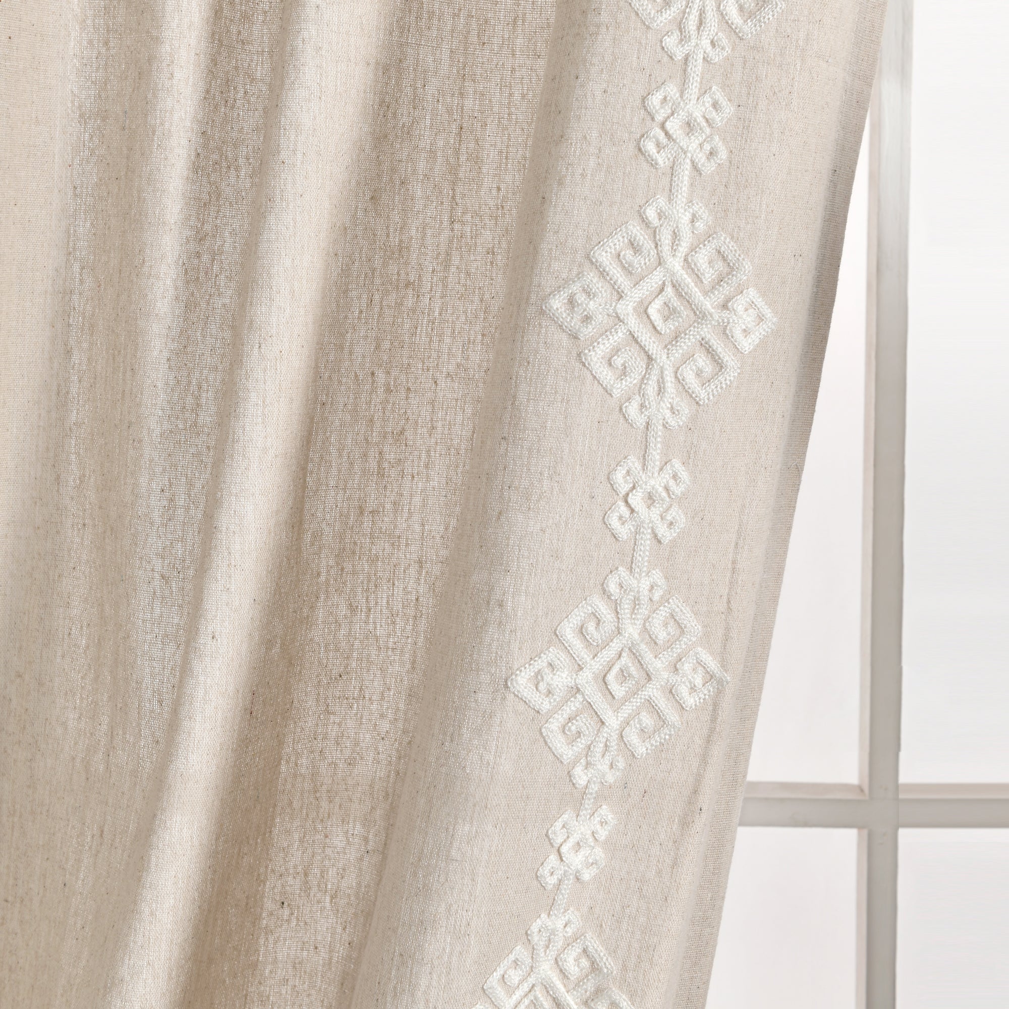 Luxury Modern Geo Linen Like Embroidery Border Window Curtain Panel