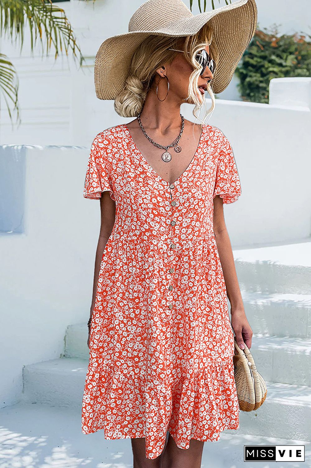 V Neck Button Short Sleeves Floral Dress