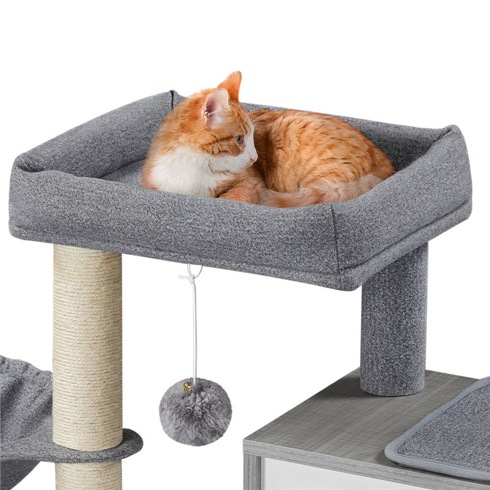 Yaheetech 35'' Multilevel Cat Tree Fabric Felt Cloth Medium Cat Tower with Two Condos Perch Scratching Posts Basket， Light Gray