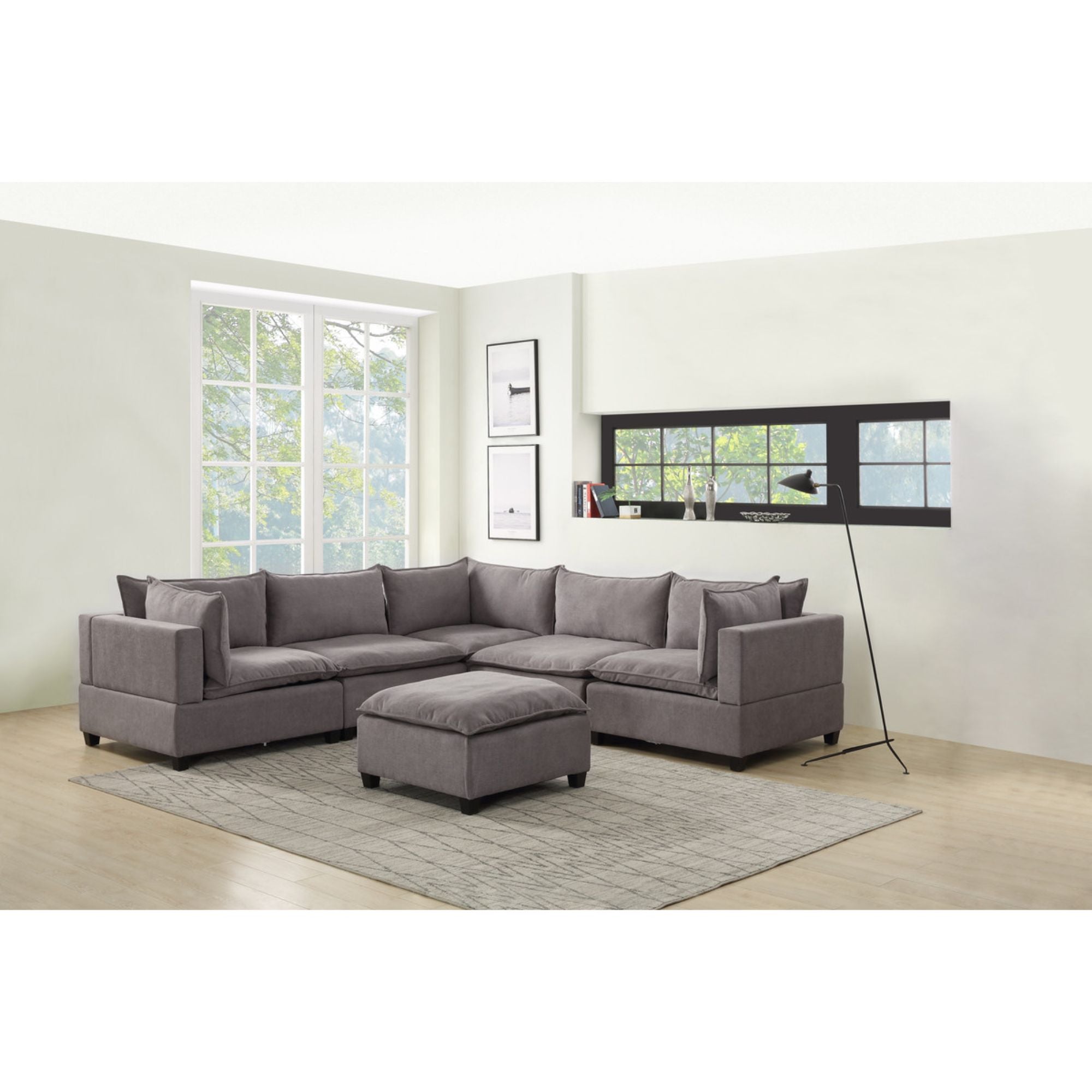 Set of 6 Rhino Gray Home Furniture Madison Fabric Modular Sectional Sofa with Ottoman, 10'