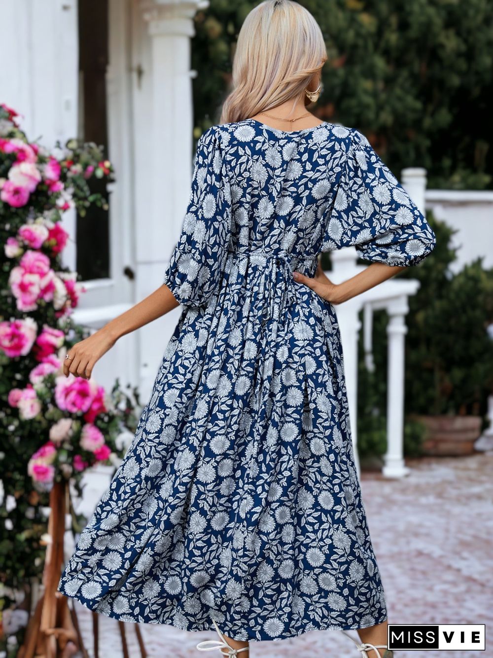 Floral Print Dolman Sleeve V-Neck Midi Dress