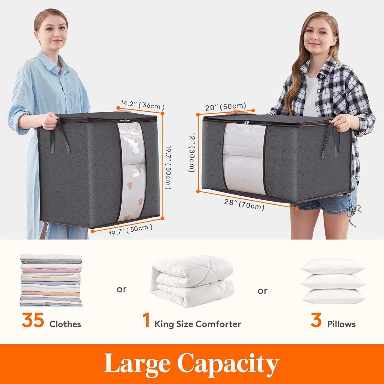 Dnzzs4 Pack 105 L Extra Large Storage Bags Clothes Storage Bins Foldable Closet Organizer Storage Containers with Durable Handles Thick Fabric for Clothing, Blankets Comforters Bedding and Toys Gray