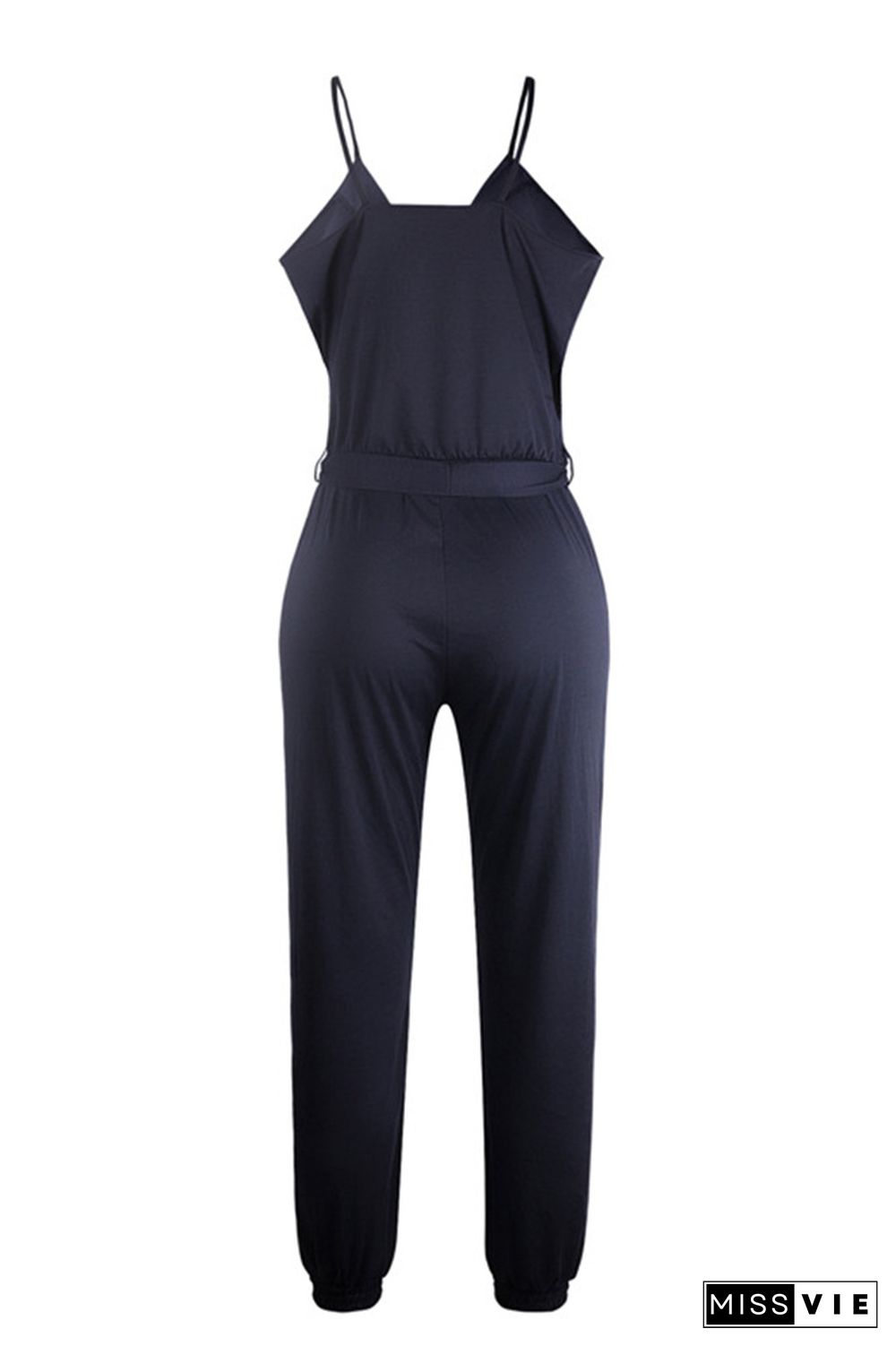 Navy Solid Color Slip Jumpsuit With Belt