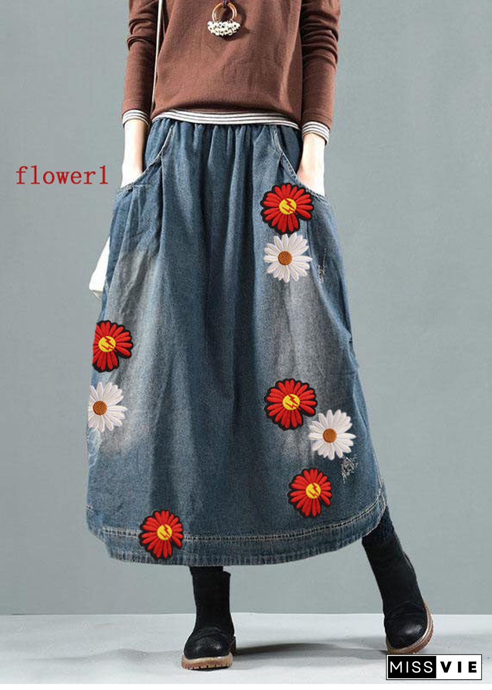 Blue-white flower Pockets Retro Patchwork Summer Skirts Denim