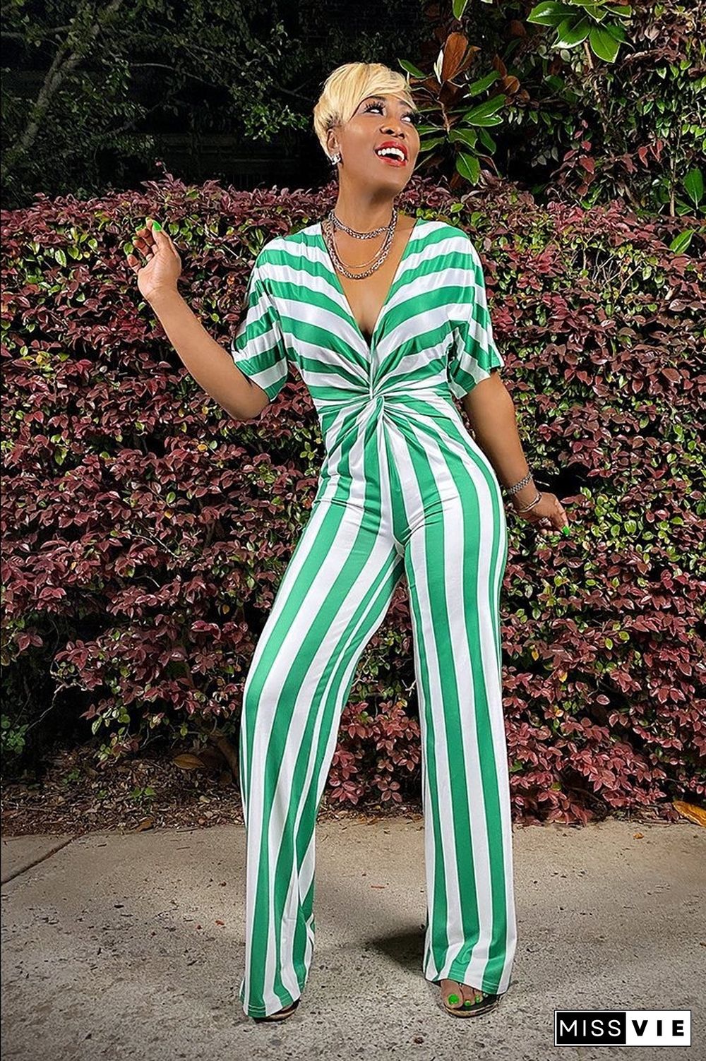 Sexy Women Summer Deep V-Neck Stripe Short Sleeve High Waist Wide Leg Elastic Loose Jumpsuit