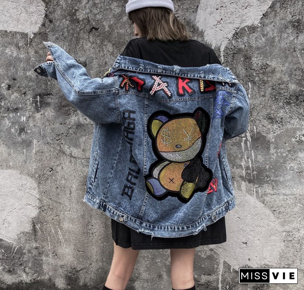 Jacket denim jacket new hot diamond heavy industry bear coat fashion coat