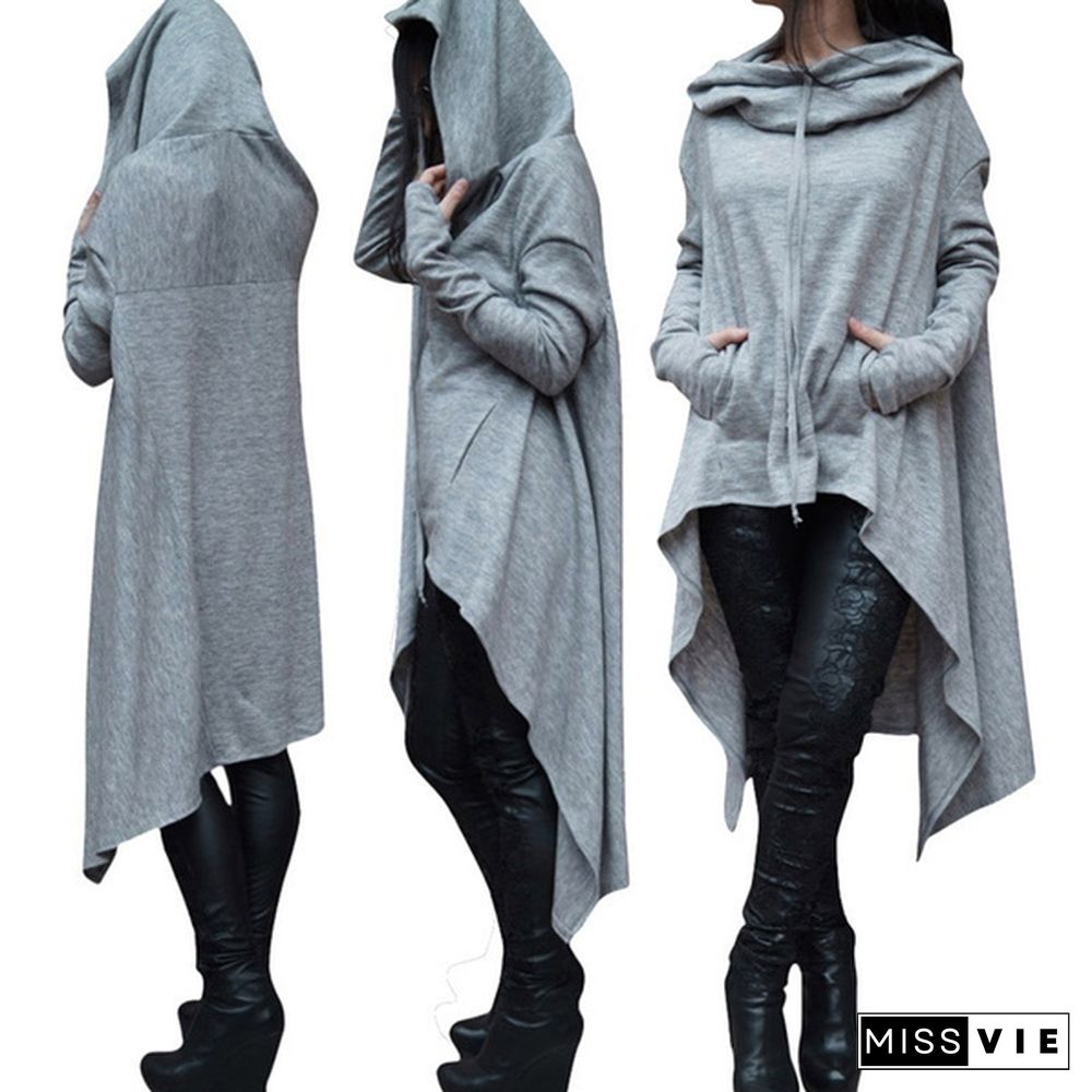 Womens Solid Color Draw Cord Coat Long Sleeve Loose Casual Long Hoodies Sweatshirts Poncho Coat Hooded Pullover