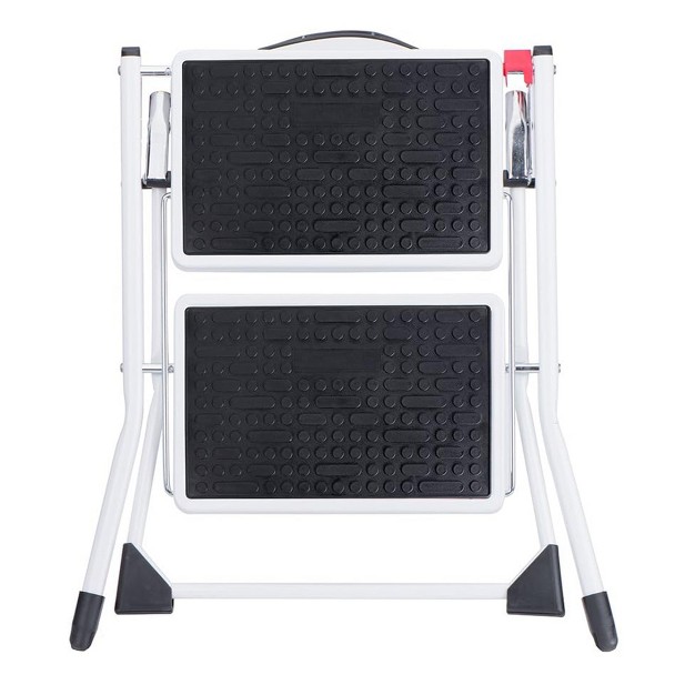 Delxo Portable Collapsible Lightweight Alloy Steel 2 Step Mini Stool Stepladder With Anti Slip Carry Hand Grip And Wide Pedal For Indoor Use White