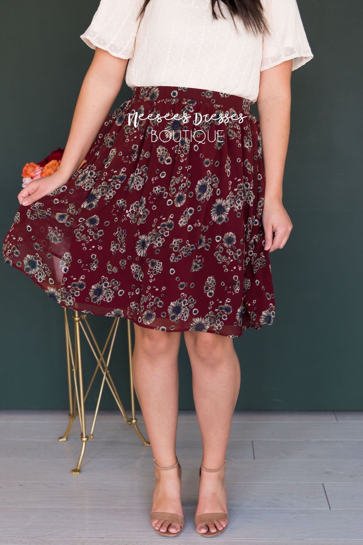 Burgundy Cluster Floral Chiffon Skirt