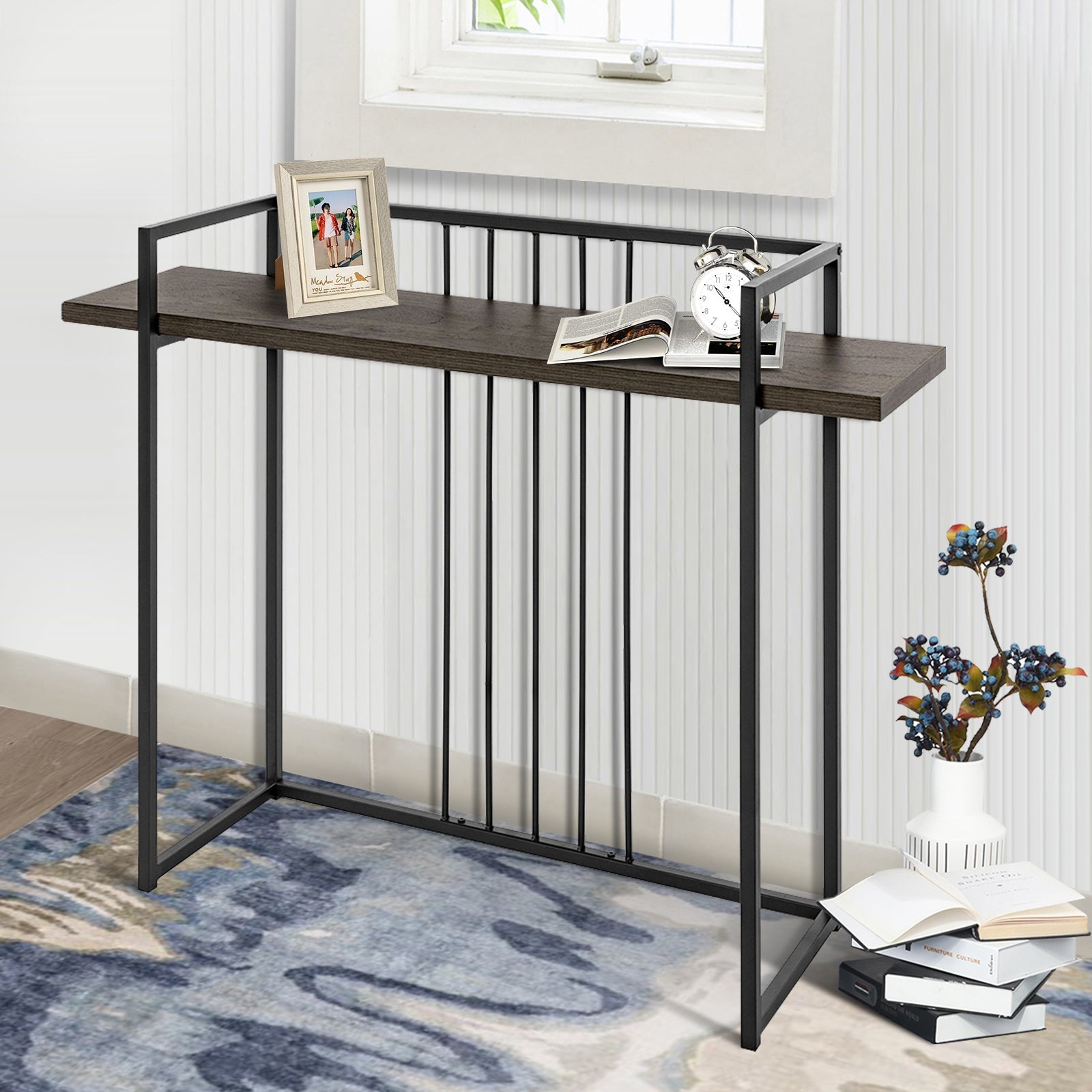 Homy Casa Industrial Wooden Console Table with Shelf