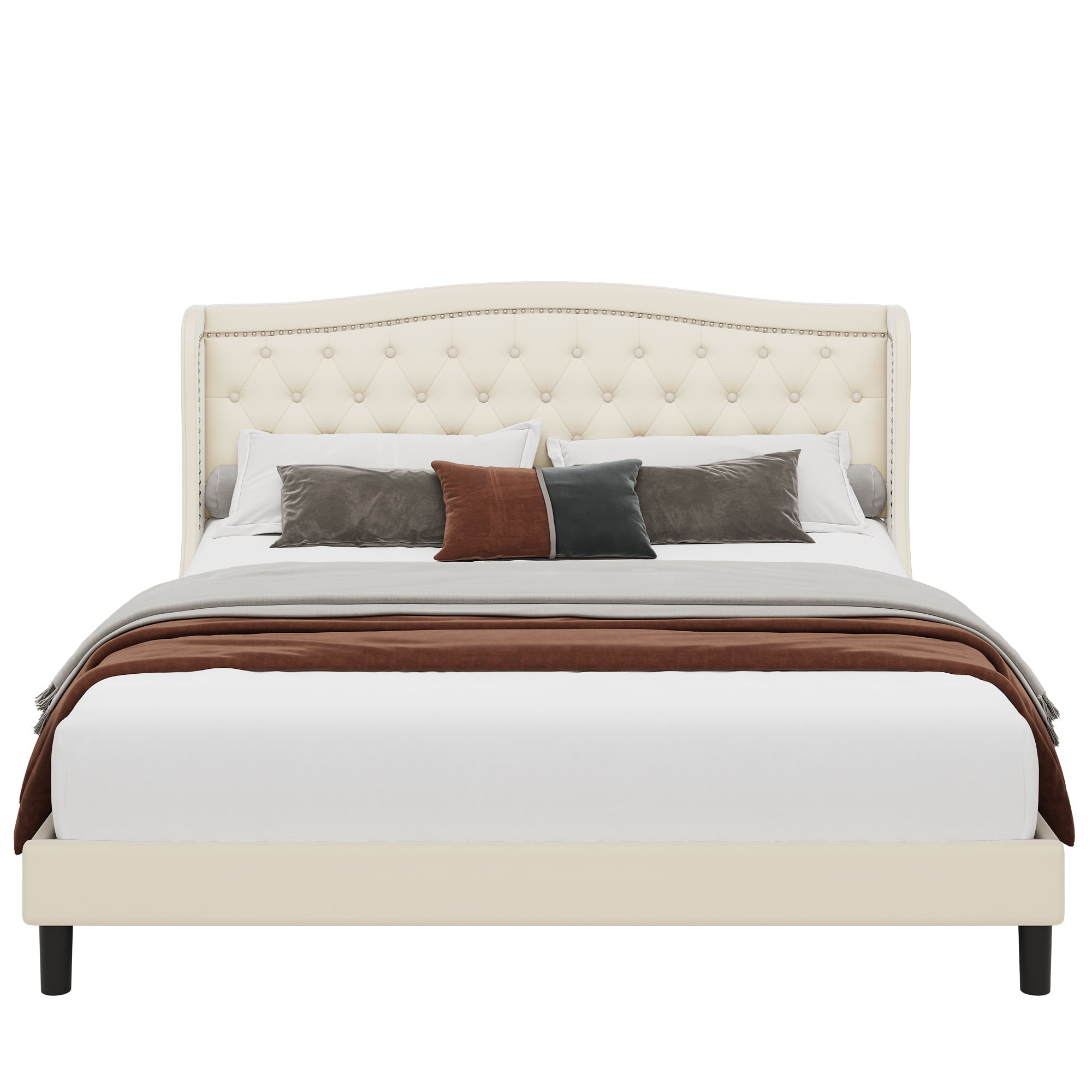 Homfa King Bed Frame, Modern Bed Frame with Wing-Back Button Tufted Upholstered Headboard, Wood Slat Support, Beige