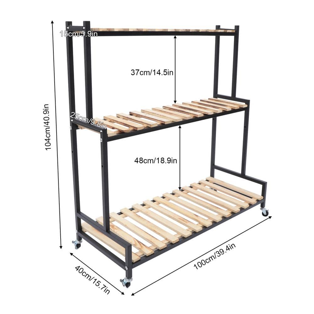 YIYIBYUS 40.9 in. Tall Indoor/Outdoor Black Metal Wood Plant Stand (3-Tiered) HG-LYF2496-600