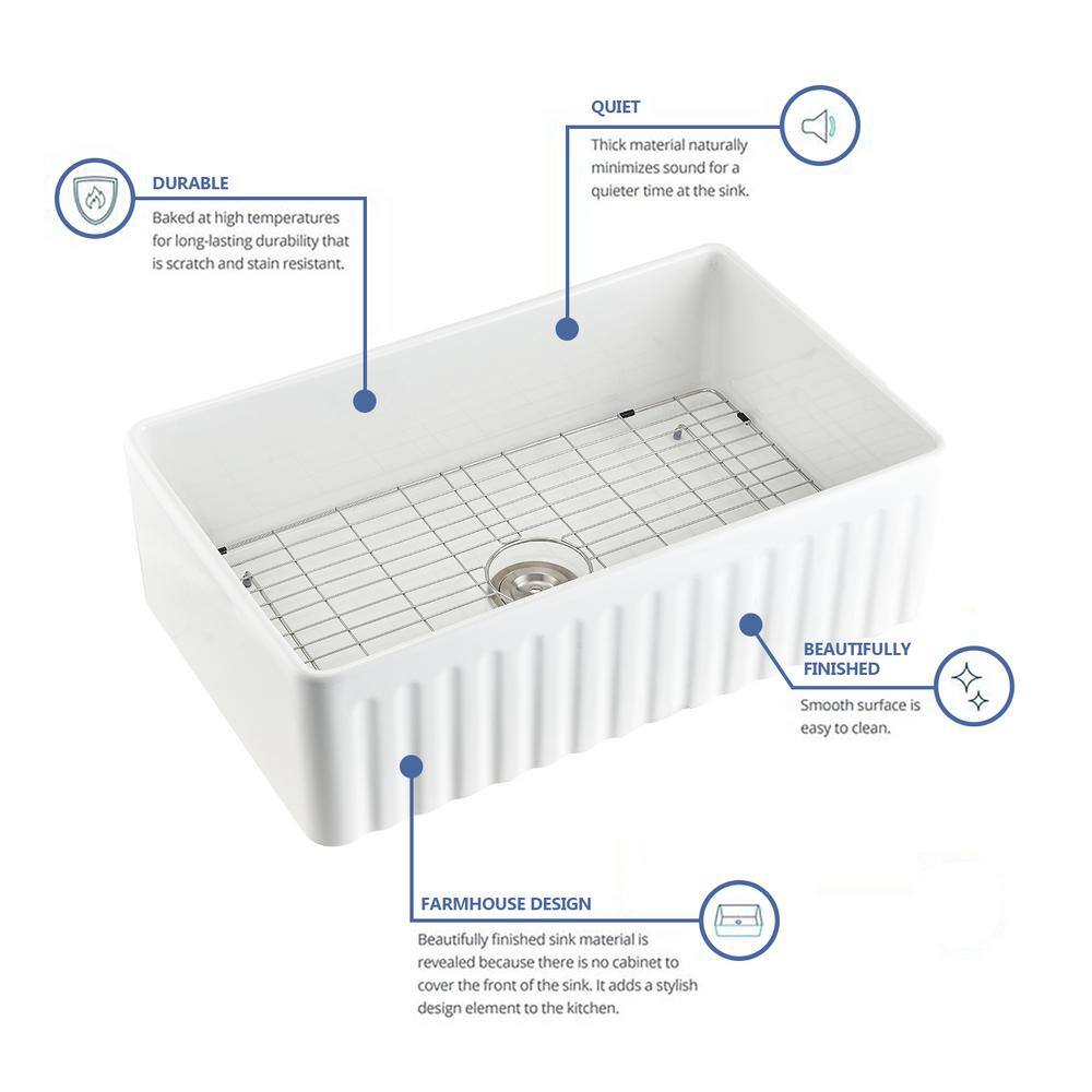 YASINU White Fireclay 33 in. x 20 in. Single Bowl Farmhouse Apron Kitchen Sink with Grid and Strainer YNCAS8280WH